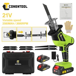 CONENTOOL 21V Draadloze Reciprozaag, Elektrische Zaag met Variabele Snelheid voor Metaal & Hout, Inclusief Batterijen & 6 Zaagbladen