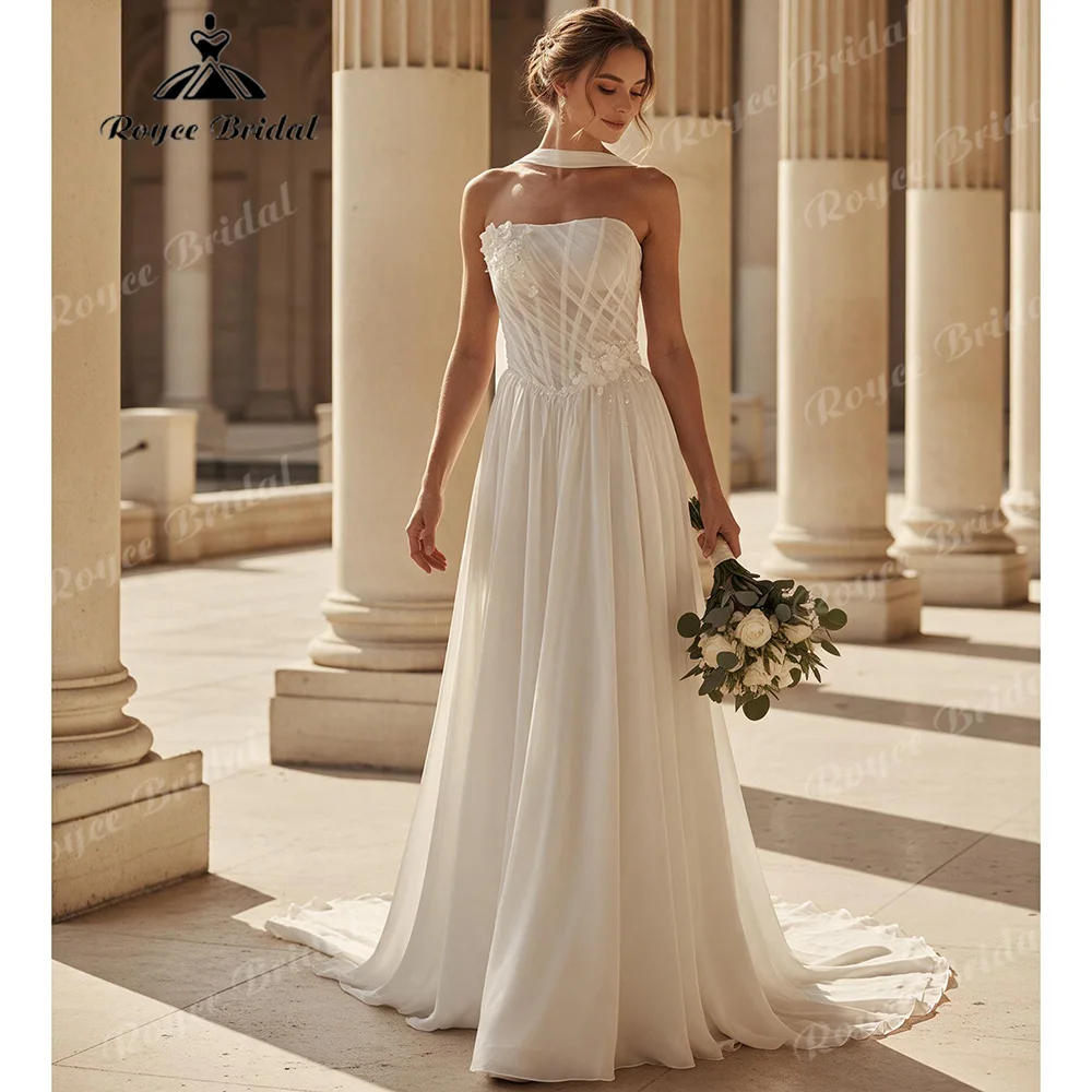 2027 Halter Strapless A Line Wedding Dress Chiffon 3D Floral Bridal Gown With Removable Neck Strap Vestido De Novia Customized