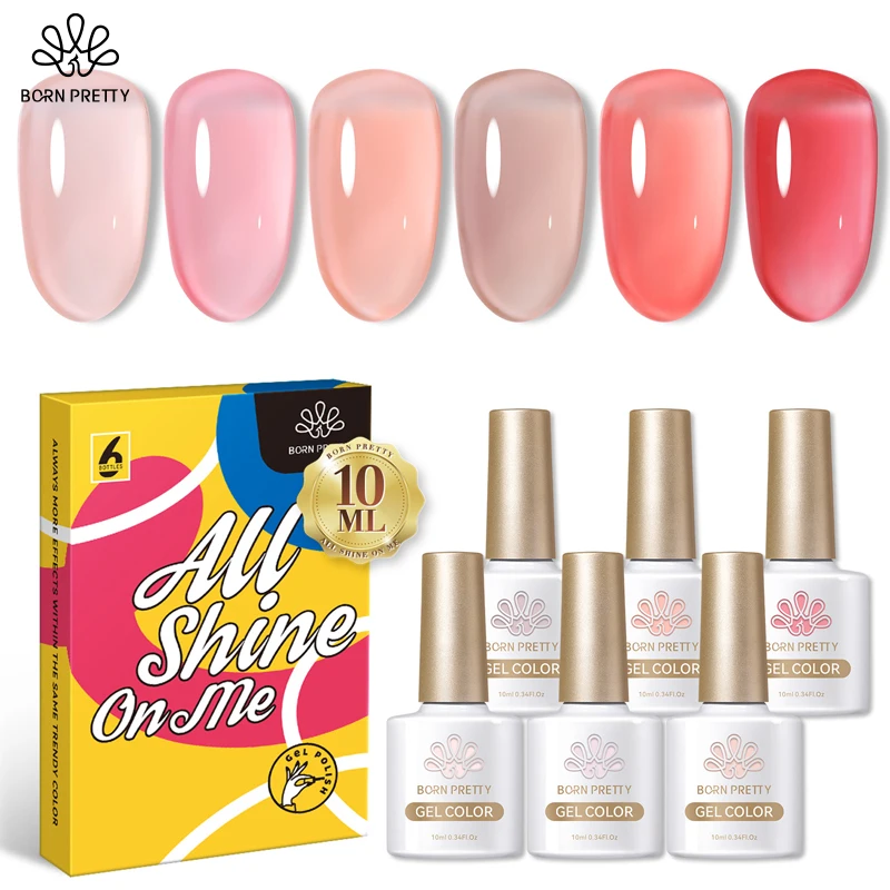 BORN PRETTY 10ml Nude Pink Gel 6PCS Nail Polish Set Milky Jelly Pink Transparent Serise Soak Off UV LED Nail Gel Varnish Kit