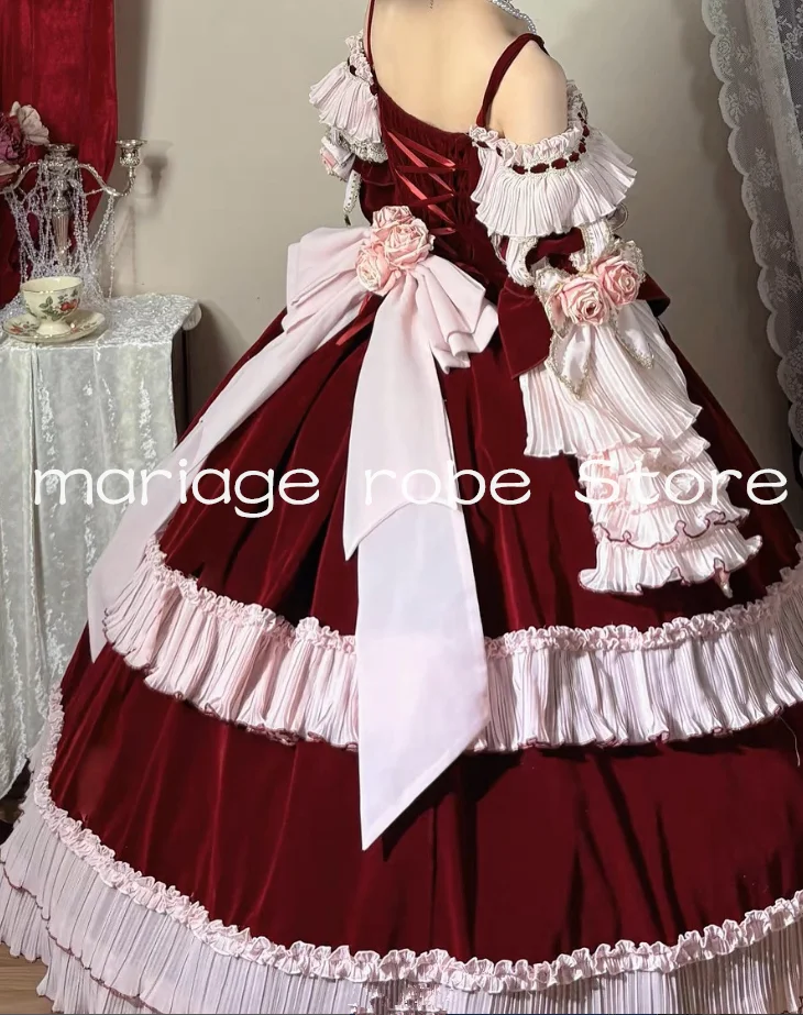 Rosa Burgunderrotes viktorianisches Ballkleid aus Samt, schulterfrei, langärmelig, Lolita, Rococ, Schnür-Abendkleid, Cosplay, maßgeschneidert