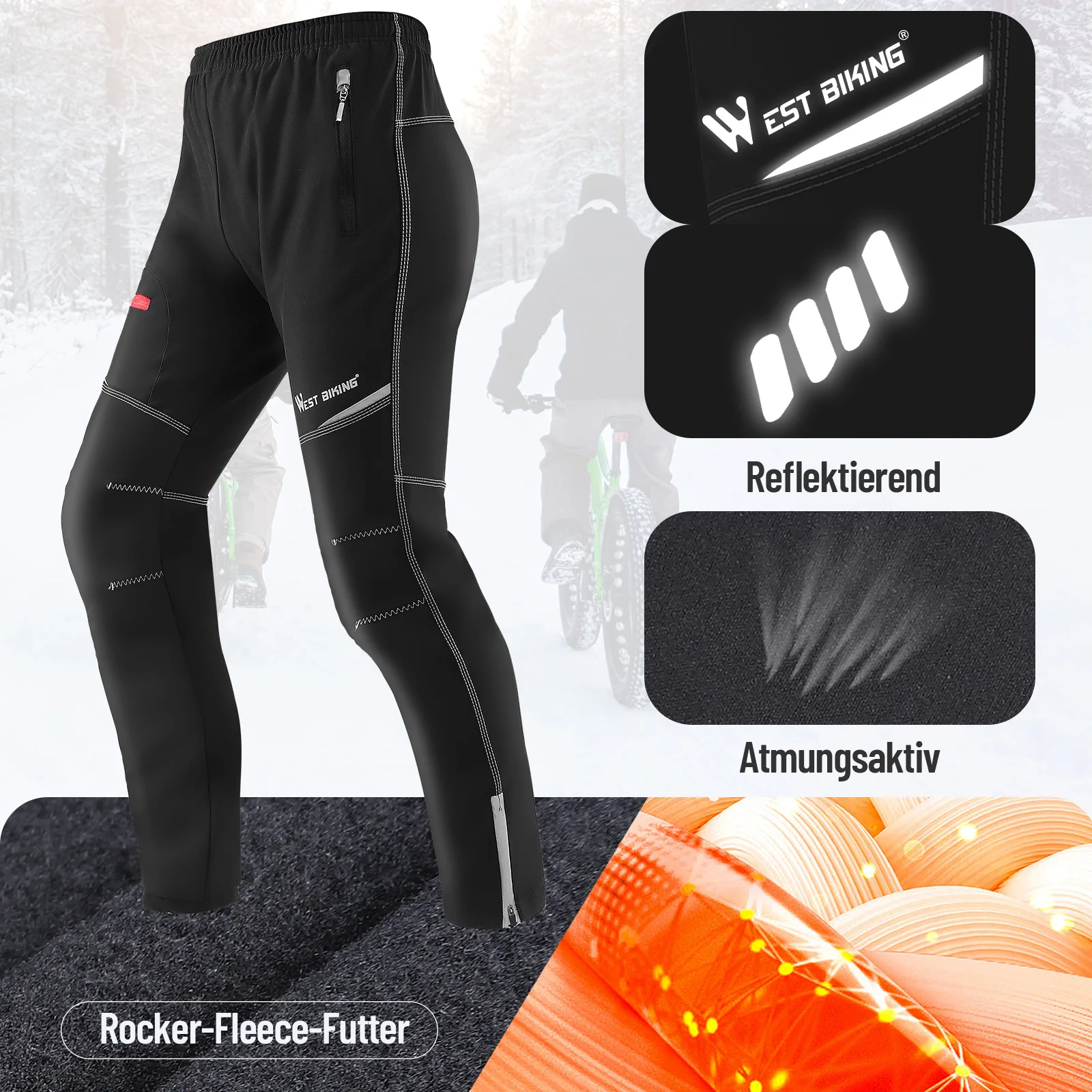 WEST BIKING Winter-Fleece-Radhose, winddicht, wasserdicht, Herren-Thermo-Fahrradhose, MTB-Outdoor-Sporthose, Schwarz, S-4XL – Detail 4