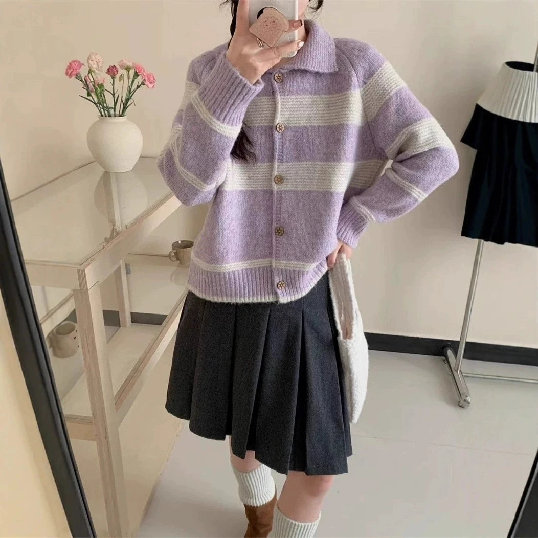 

Retro Spring and Autumn New Style Striped Collar Knitted Cardigan Women's Sweater Women's Coat