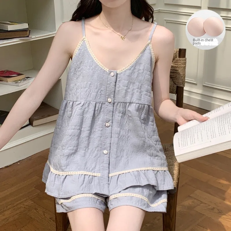 Women Blue Solid Camisole Pajama Set With Built In Chest Pads Sleepwear 2PCS Casual Soft Loungewear Summer New Sleepwear Pajamas