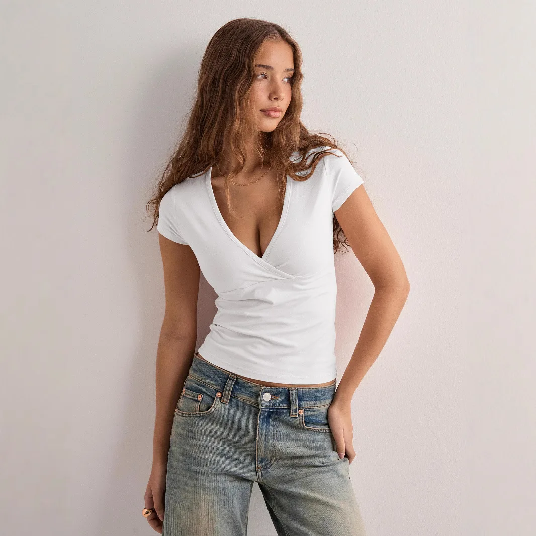 Slim Fit V-Neck Short Sleeve T-Shirt Pure Color Spring Summer Y2K Women's Fashion Cross-Border Top Polyester Material
