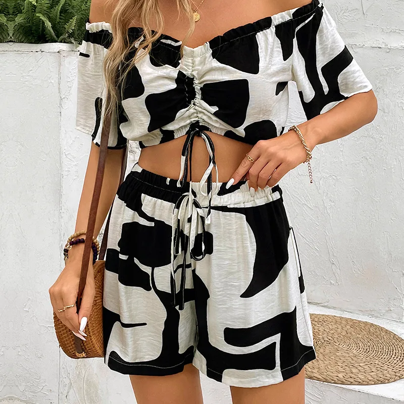 

2024 New Slim Black White Print Suit For Woman Elegant One-shoulder Shirring Short Top Elastic Waist Tie Shorts Two Piece Set