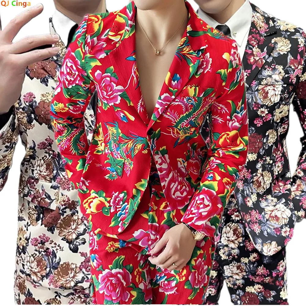 

Красный мужской костюм из двух частей с принтом, синяя хлопковая куртка с V-образным воротником на одной пуговице и брюки, азиатский размер M-5XL.