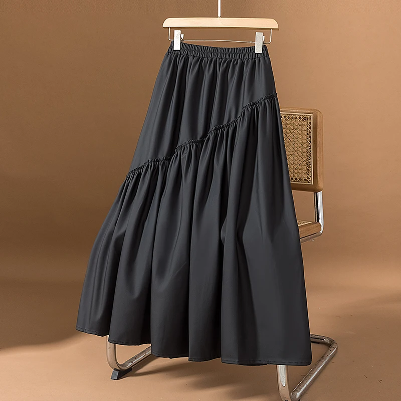 Retro Korean Style Asymmetrical Hem A-Line  Skirt Women's Summer New Loose Slimming Fashion Wooden  Ear Long Skirt