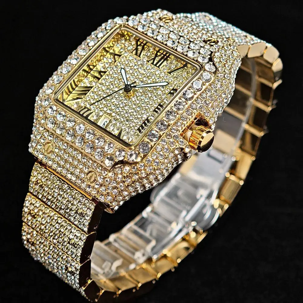 

Fashion Brand UNIGUET Square Watch For Men Luxury Hip Hop Diamond Jewelry waterproof Stainless Steel Quartz Wrist Watch Male New