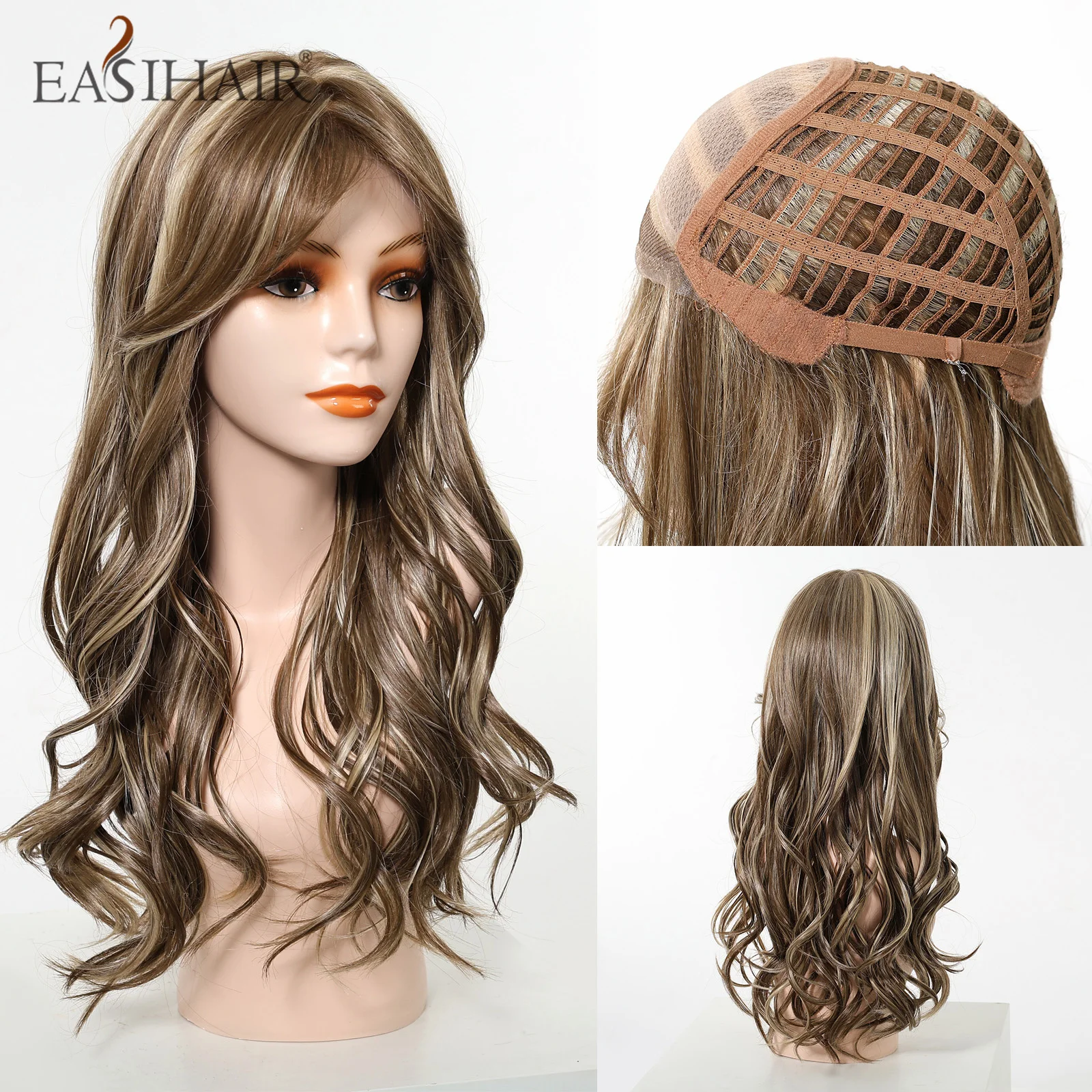 EASIAHIR Lace Front Synthetic Hair Wig Long Wavy Brown Blonde Monofilament Lace Wigs with Bangs for Women Daily Heat Resistant