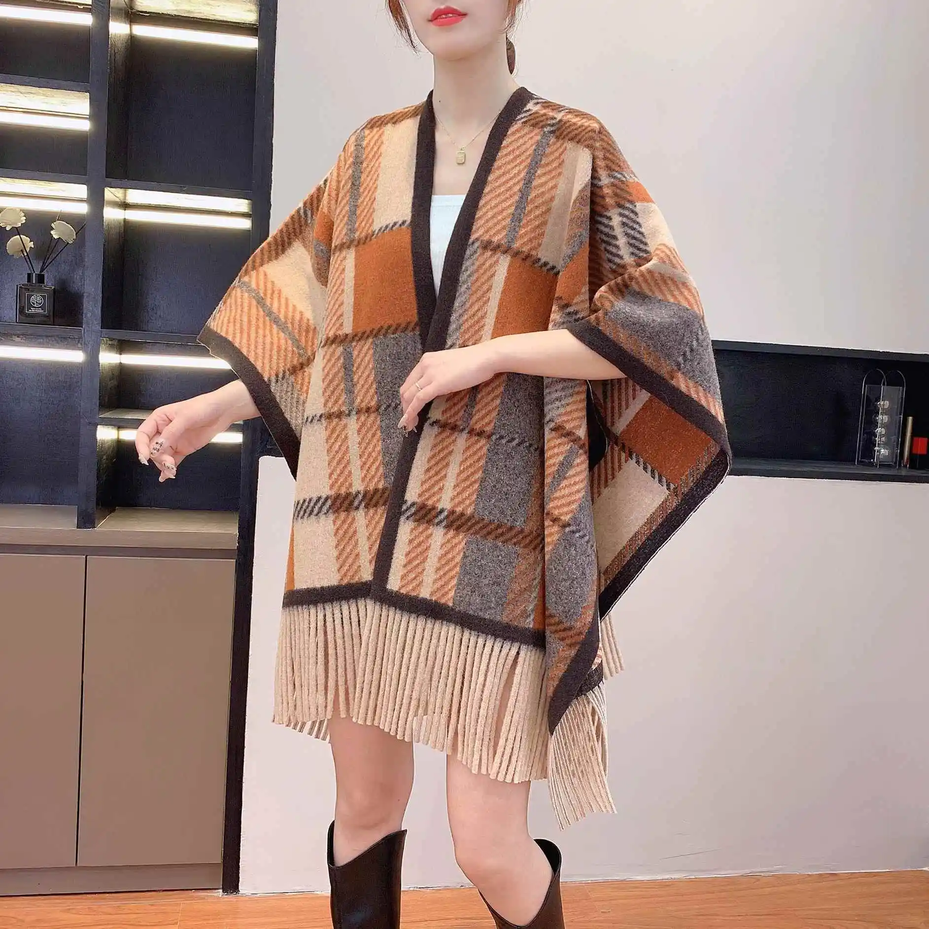 

Vintage Plaid Cashmere Imitation Shoulder Shawl Dress Outer Cloak Decoration Warmth Scarf Yang Jing Brand Spring Summer