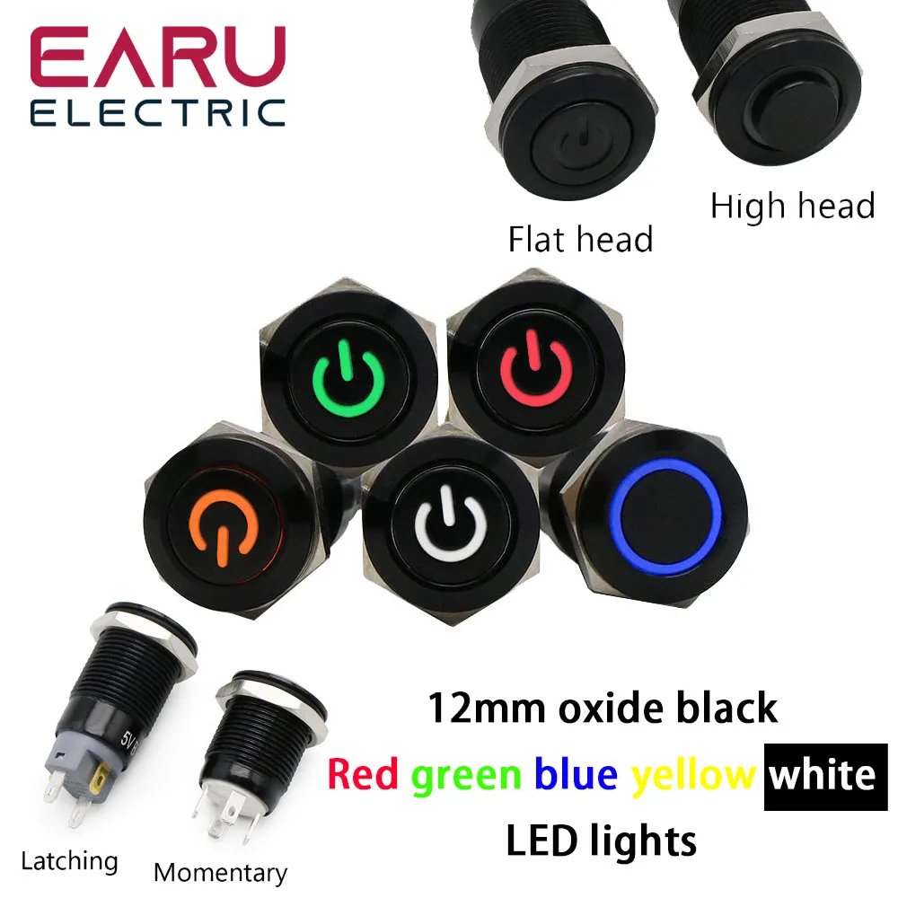 12mm Alumina Black Flat High Head Waterproof Metal Push Button Switch LED Light Momentary Latching Car Engine PC Power Switch 5V