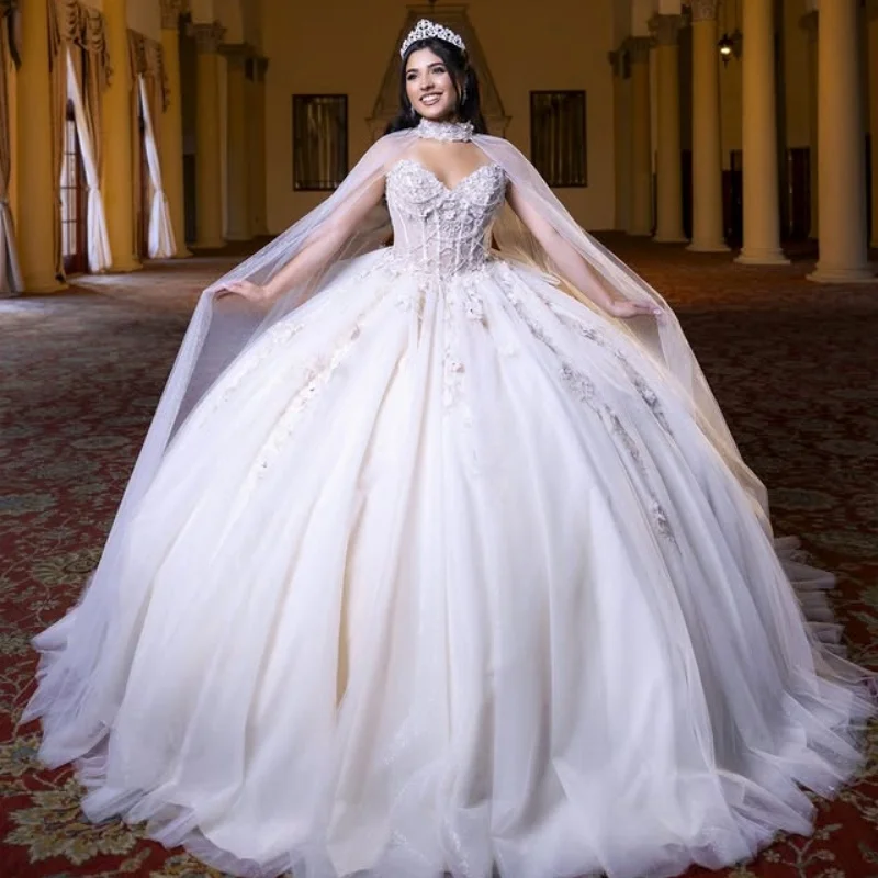 Branco quinceanera vestido lantejoulas decalque cauda longa fora do ombro 3d flor camadas arco vestidos de 15 quinceanera ﻿ Personalizar