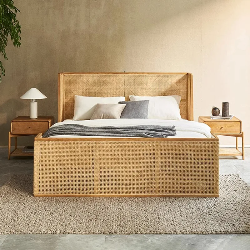 Nordic retro rattan log wind double bed 1.5 meters B & B Hotel Surprise Silent Wind master bedroom bed rattan solid wood bed