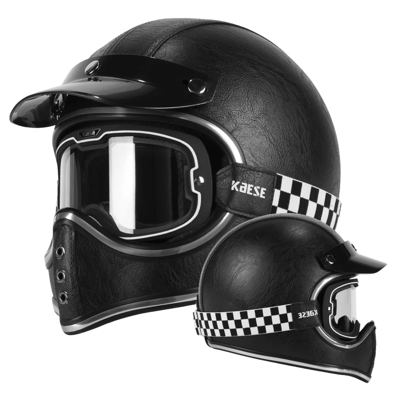 

Ultimate Protection Full Face Helmet Matte Black Fiberglass Retro Leather motorcycle helmet with Photochromic Goggles