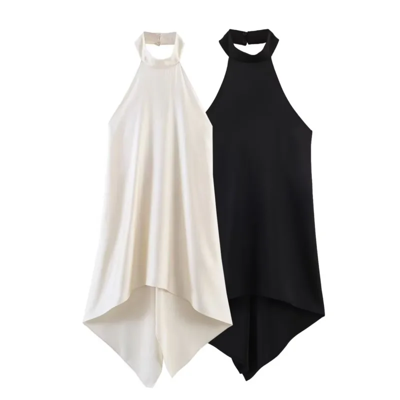 Women's Satin Halter Top Spring Summer Sexy Backless Hanging Neck Asymmetry Hem Women's Camisole High Street Female Chic Top