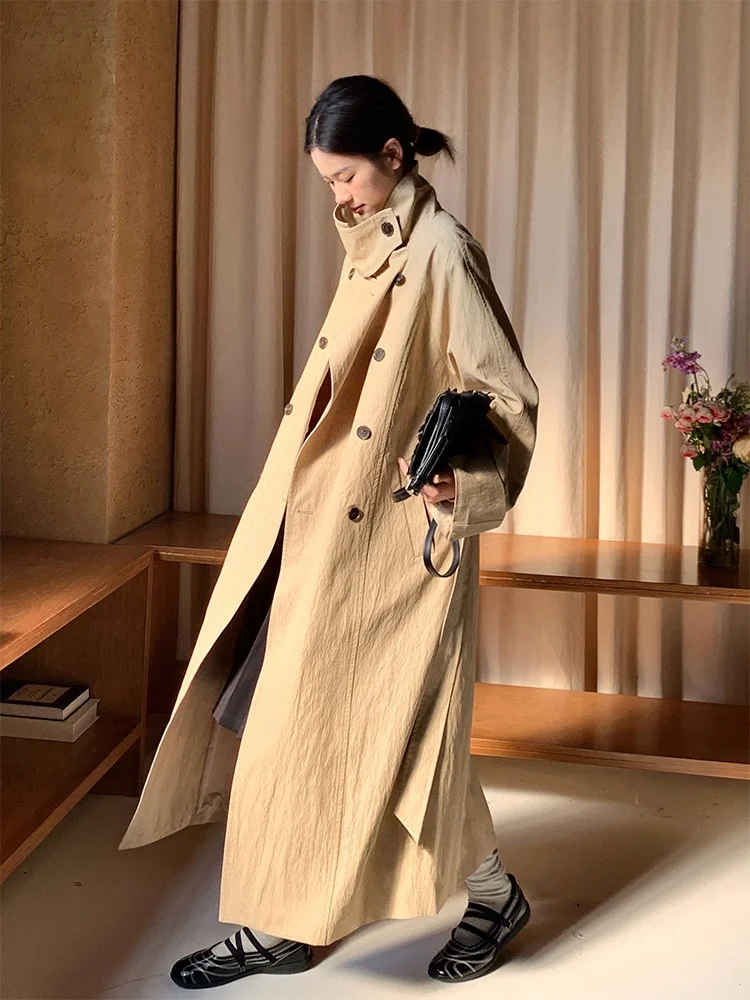 

QIHEYE High-End Paper Texture Khaki Long Coat Women's Casual Retro Outerwear Straight Cut Long Sve Double Breasted