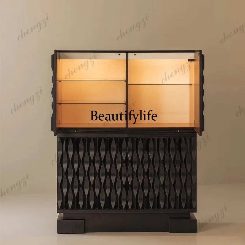 

Vintage-style wave-style solid wood sideboard, light luxury living room entryway high cabinet, storage wine cabinet