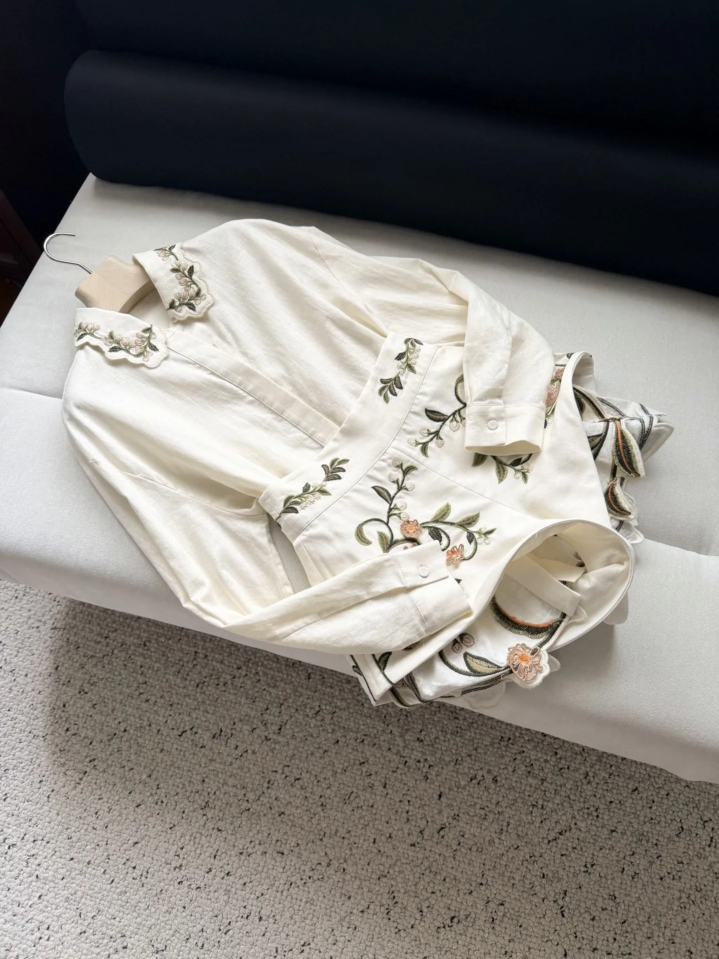 2026 Women Flower Embroidery Set Turn-down Collar Long Sleeve Single Breasted Shirt + High Waist Shorts Casual Female Linen Suit