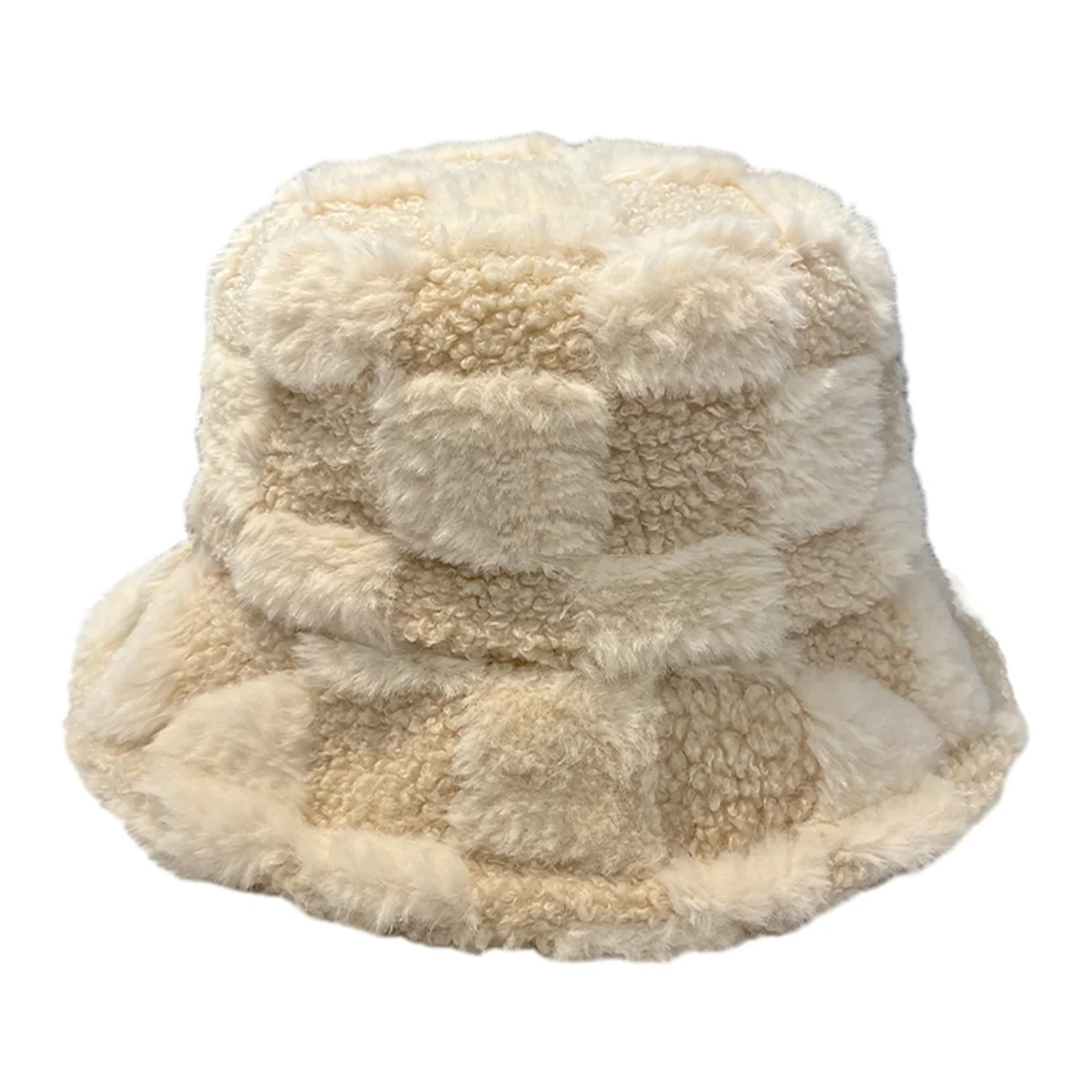 CYL-Checkered Bucket Hat Plush Adjustable Bucket Hat Furry Warm Fisherman Hat for Men & Women for Winter & Spring-Beige