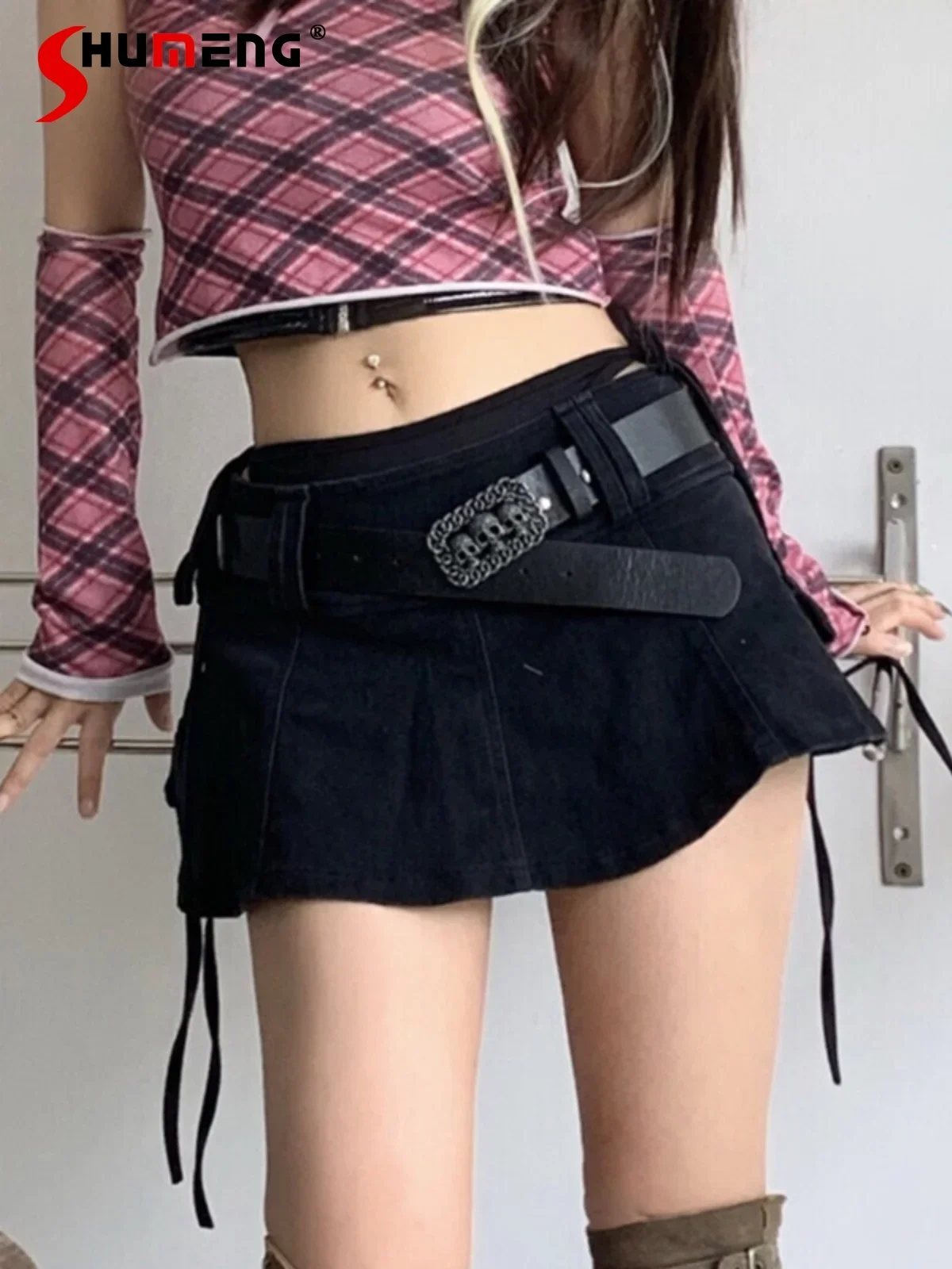 Women Harajuku Low Waist Mini Skirt Punk Gothic Skull Waistband Hot Girl Black White Denim Skirt Kawaii Culotte Skirts Oversize