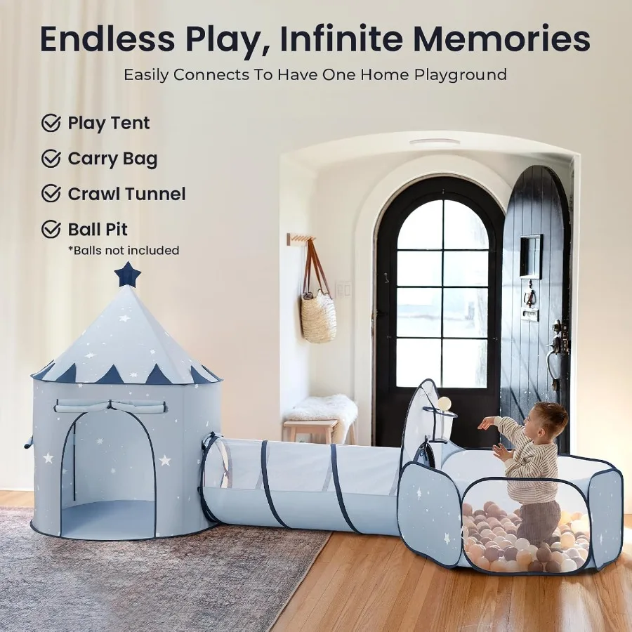 Blue 3-in-1 Foldable Baby Crawl Tunnel with Ball Pit Play Tent for Toddlers Indoor Outdoor Pop Up Crawl Tunnel Toy for