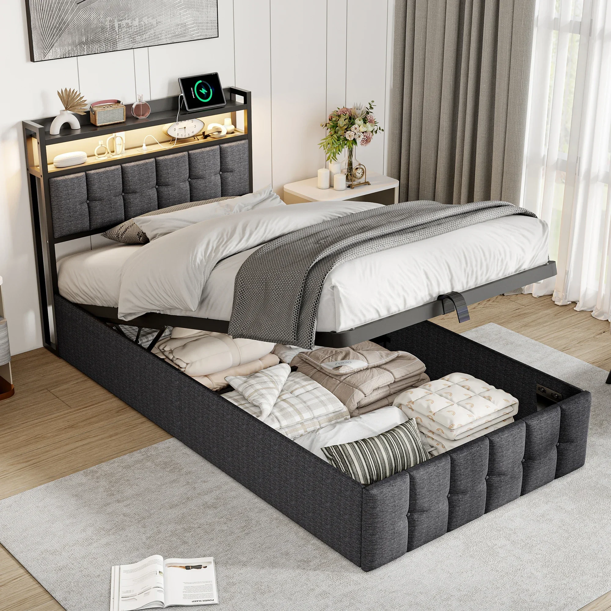 Rosahqnda, letto singolo 90x200 cm, letto imbottito per bambini, letto con contenitore, letto per ragazzi, tessuto in lino delicato sulla pelle, listelli in legno.