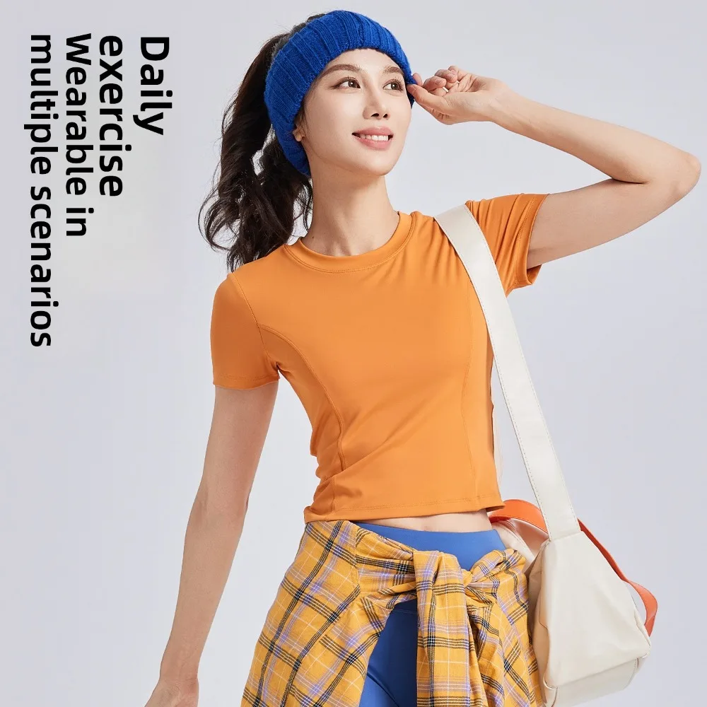 

Rope Back Detail Short Sleeve Yoga Top for Women | All-in-One Cup Workout Shirt with Built-in Bra & Ruffle Design