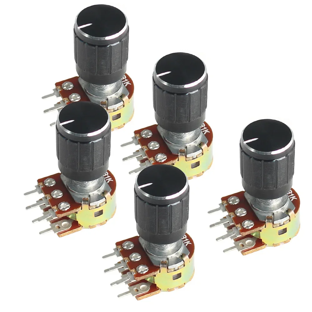 5Set WH148 Potentiometer Kit with Black Knob Caps 15MM 6Pin 1K 2K 5K 10K 20K 50K 100K 250K 500K 1M 15x17mm Knob Potentiometers