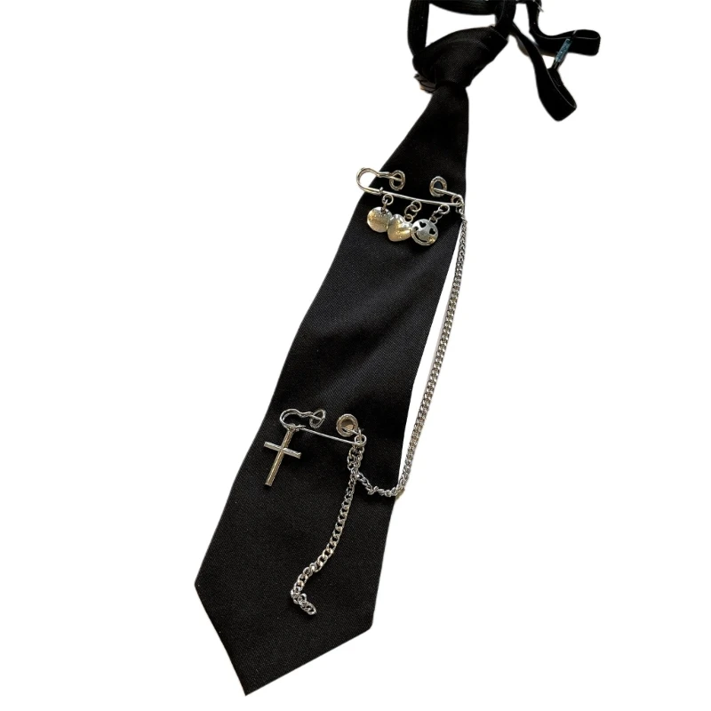 Vintage Black Necktie Gothic Punk Metal Chain Tassel Pin Ties for School Uniform Drop Shipping