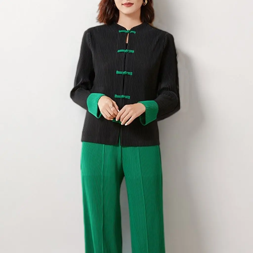 

Women's Chinoiserie National Style Jacket High-End Contrasting Color Retro Buckle Long-Sleeved Pleated Cardigan for Spring
