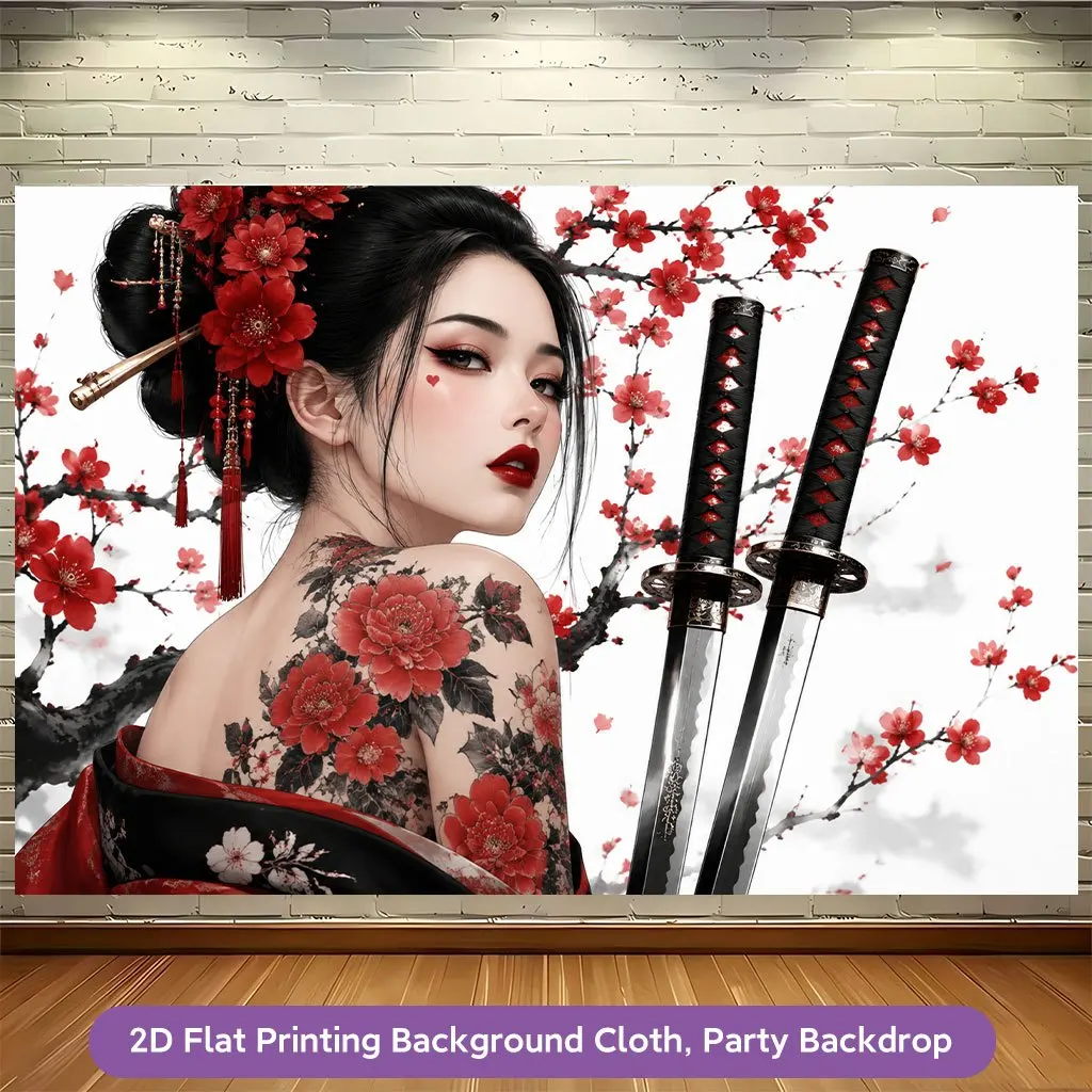 Japanese Geisha Cherry Blossom Peony Floral Tapestry Wall Hanging Backdrop Asian Anime Style Home Room Decor