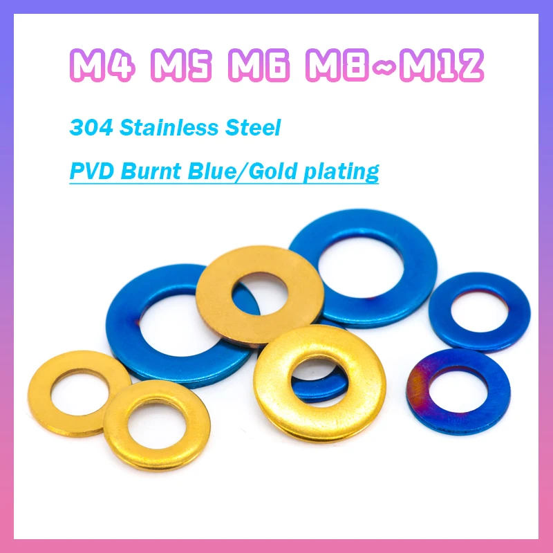 5pcs/lot M4 M5 M6 M8 M10 M12 304 Stainless Steel PVD Burnt Blue/Gold Plating Circular Flat Washer Motorcycle Decorative Piece