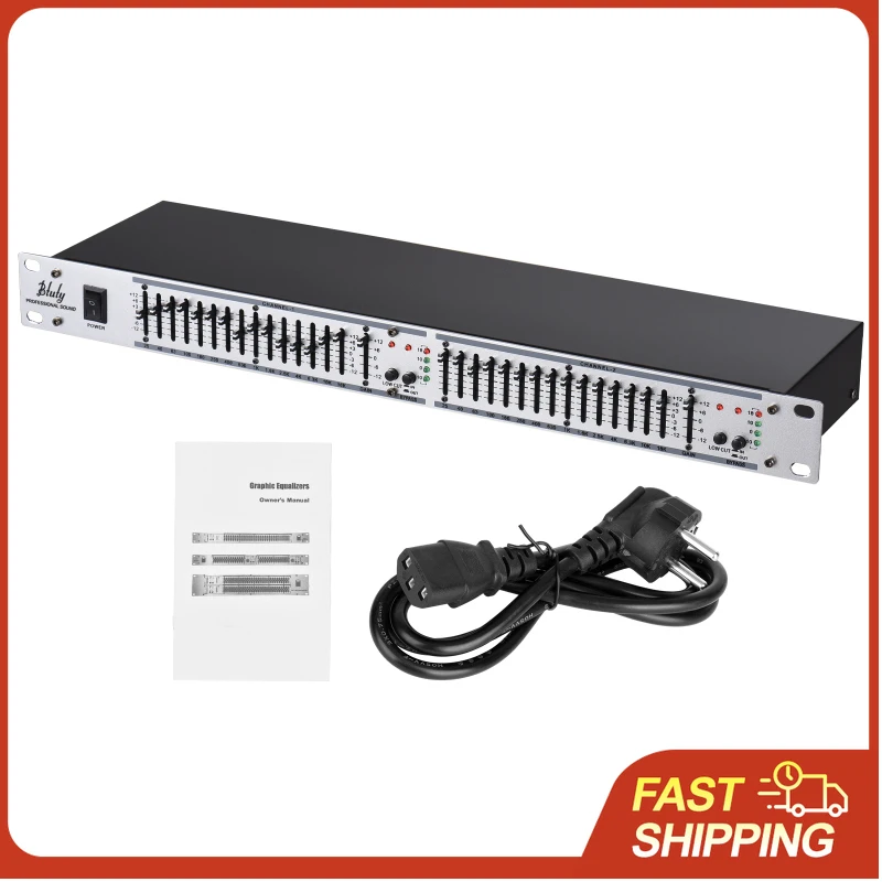 15 Band Dual Channel Graphic Equalizer 1U Rack Mount Low Cut Switch XLR TRS Input Output for Professional Audio Studio DJ