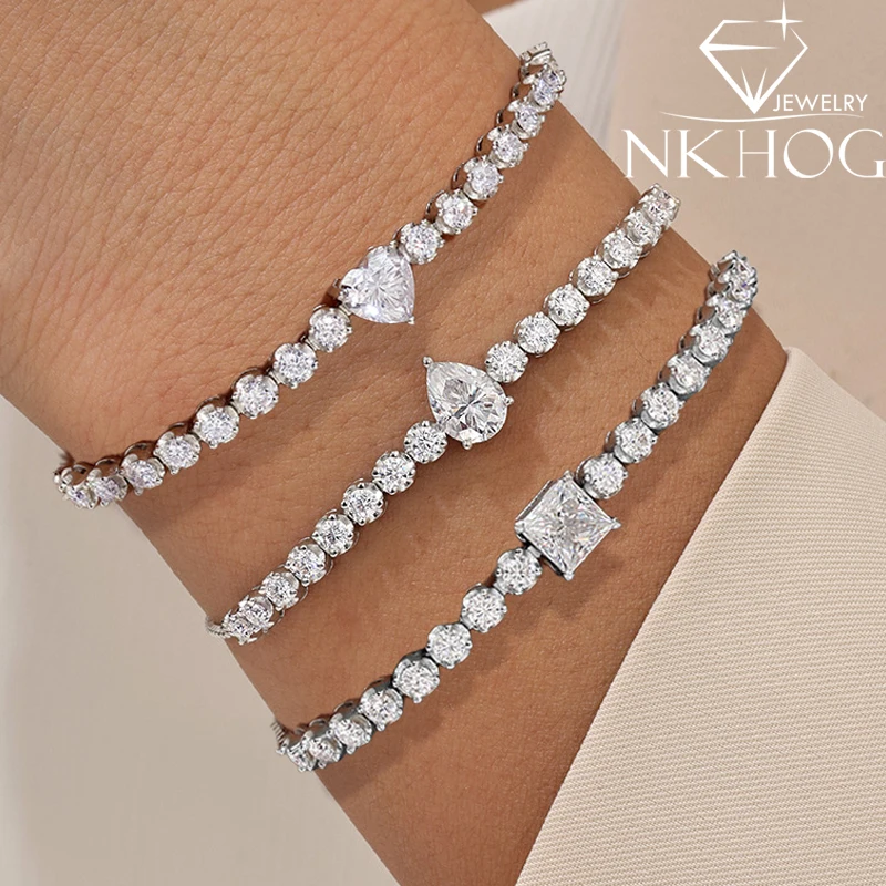 NKHOG Full Moissanite Tennis Bracelets For Women Heart Pear Square Cut S925 Sterling Silver 18k Gold Plated Wedding Engagement