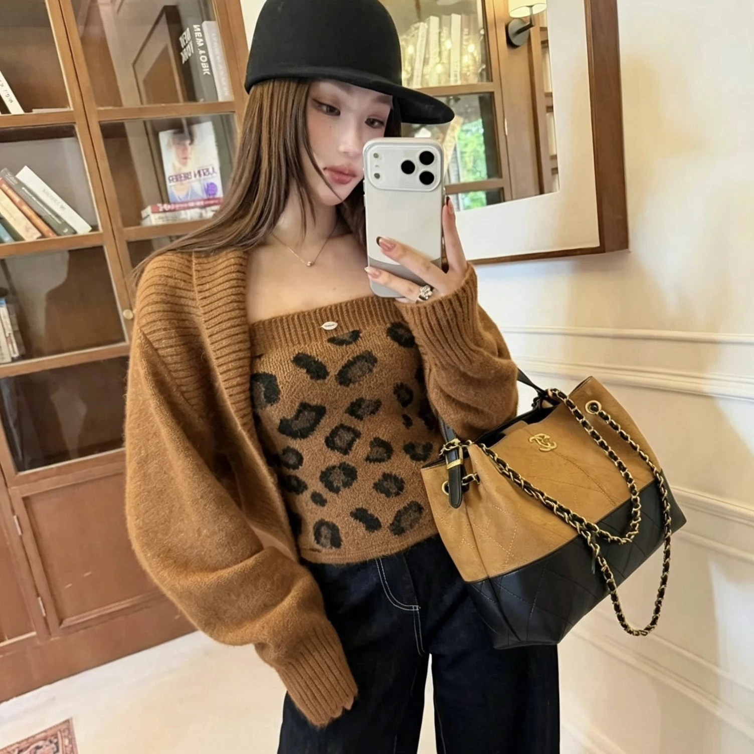 Women's Knitted Two Pieces Set Cropped Batwing Sleeve Cardigan+ Strapless Halter Top Sexy Leopard Print Tops Outerwear Chic Suit