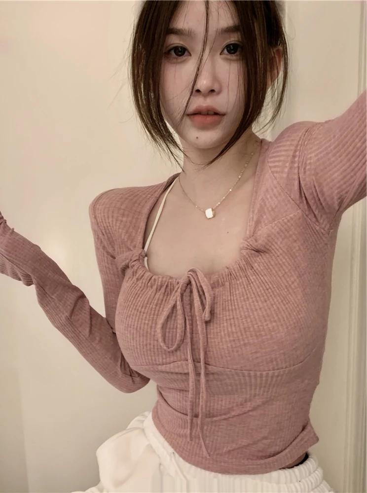 Pure Desire Belted Square Collar Sexy Slim Fit Base Shirt Pink Long Sleeve T-Shirt Women\'s Spring Inner Wear Commute Style Ko...