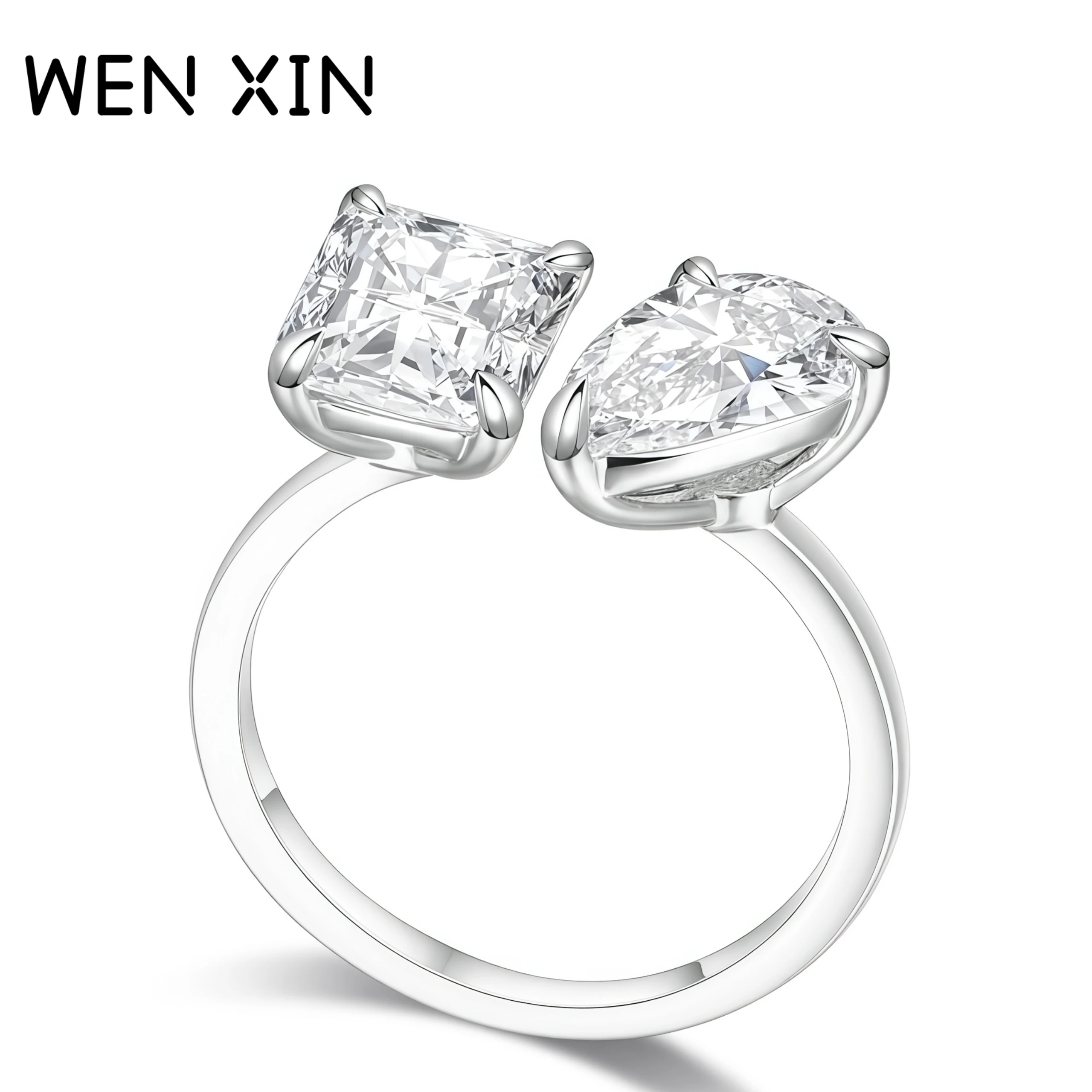 

WENXIN брендовое высокое качество стерлингового серебра 925 пробы квадратное сахарное капли воды двойной бриллиант асимметричное кольцо открытое женское кольцо ювелирные изделия
