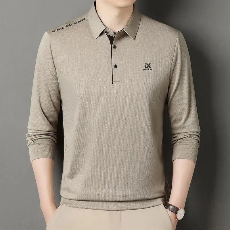 

Business Casual Long Sleeve Turn Down Collar Wrinkle Free Solid Color Polo Shirt For Middle Aged Men