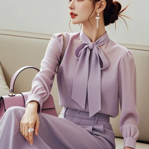 2024 새로운 럭셔리 우아한 Purpleshirtbell 여성 정장 하이 엔드 느낌 투피스 세트 긴 소매 라운드 칼라 풀오버 바지 