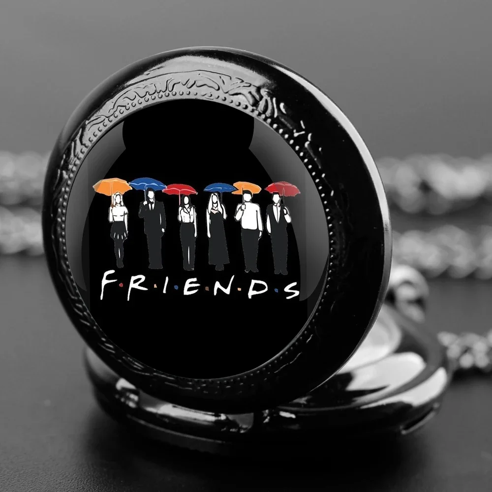 

Friends Theme Vintage Glass Dome Quartz Pocket Watch Chain Linked Timepiece Pendant Ideal for Men Women Children As Gifts
