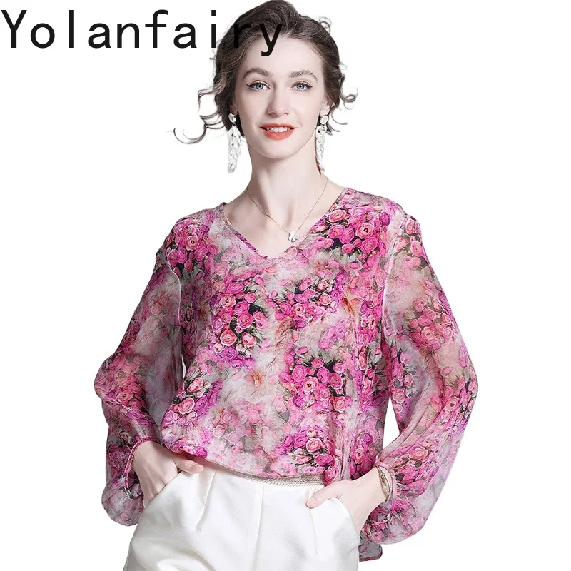 

YOLANFAIRY 100% Real Mulberry Silk Shirt Women Clothing Spring Summer 2026 Long Sleeve Tops Elegant Floral Blouse Woman Elegant