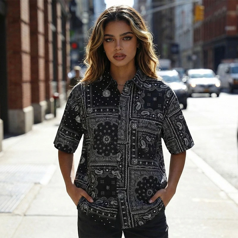 

Винтажная рубашка-бандана в стиле пэчворк для мужчин, уличная одежда в стиле Харадзюку, блузка с принтом пейсли, короткий рукав, на пуговицах, летняя повседневная рубашка в стиле хип-хоп