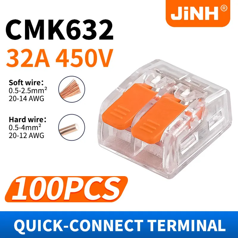 JINH 100Pcs Lever Quick Parallel Connector CMK632 Electrical Splicing Household 2 Ports Home Tiny Lighting Terminal Blocks
