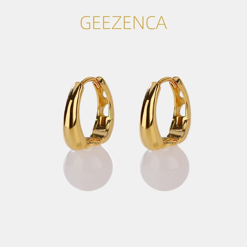 

Серьги-кольца GEEZENCA с подвеской из белого нефрита и серебра 925 пробы, позолоченные, простые, маленькие, для женщин, подарок на вечеринку