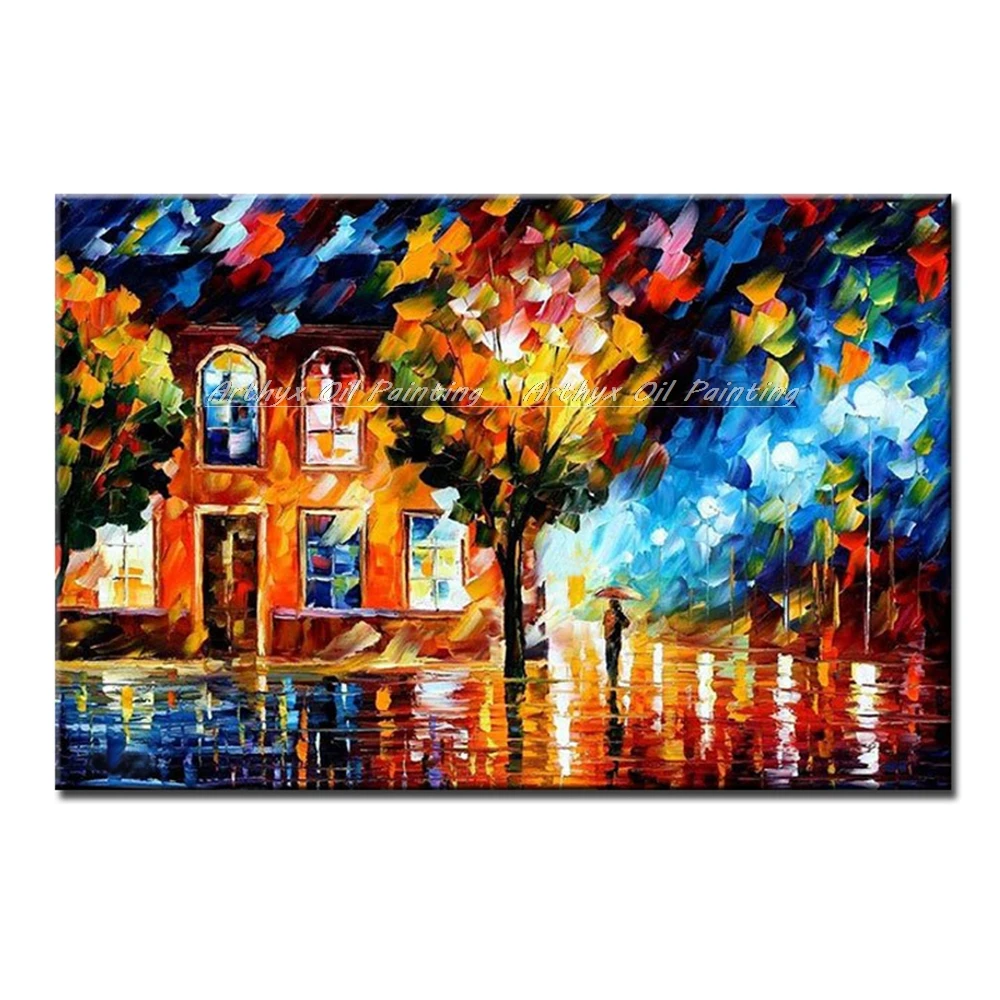 Hand-painted Night Street View Landscape Oil Painting on Canvas,Modern Wall Art Abstract Knife Picture for Room,Home Decoration