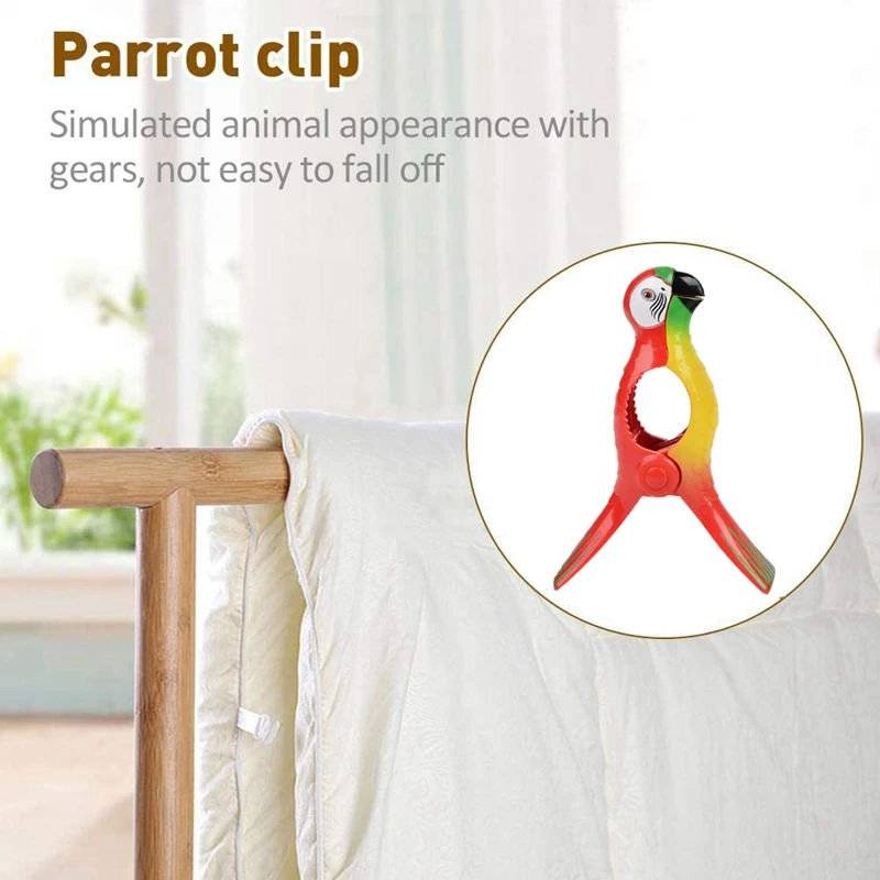 8Pcs Beach Towel Clips For Sun Loungers, Parrot Bird Towel Clips Large Windproof Clothes Hanging Peg Quilt Clamp Holder