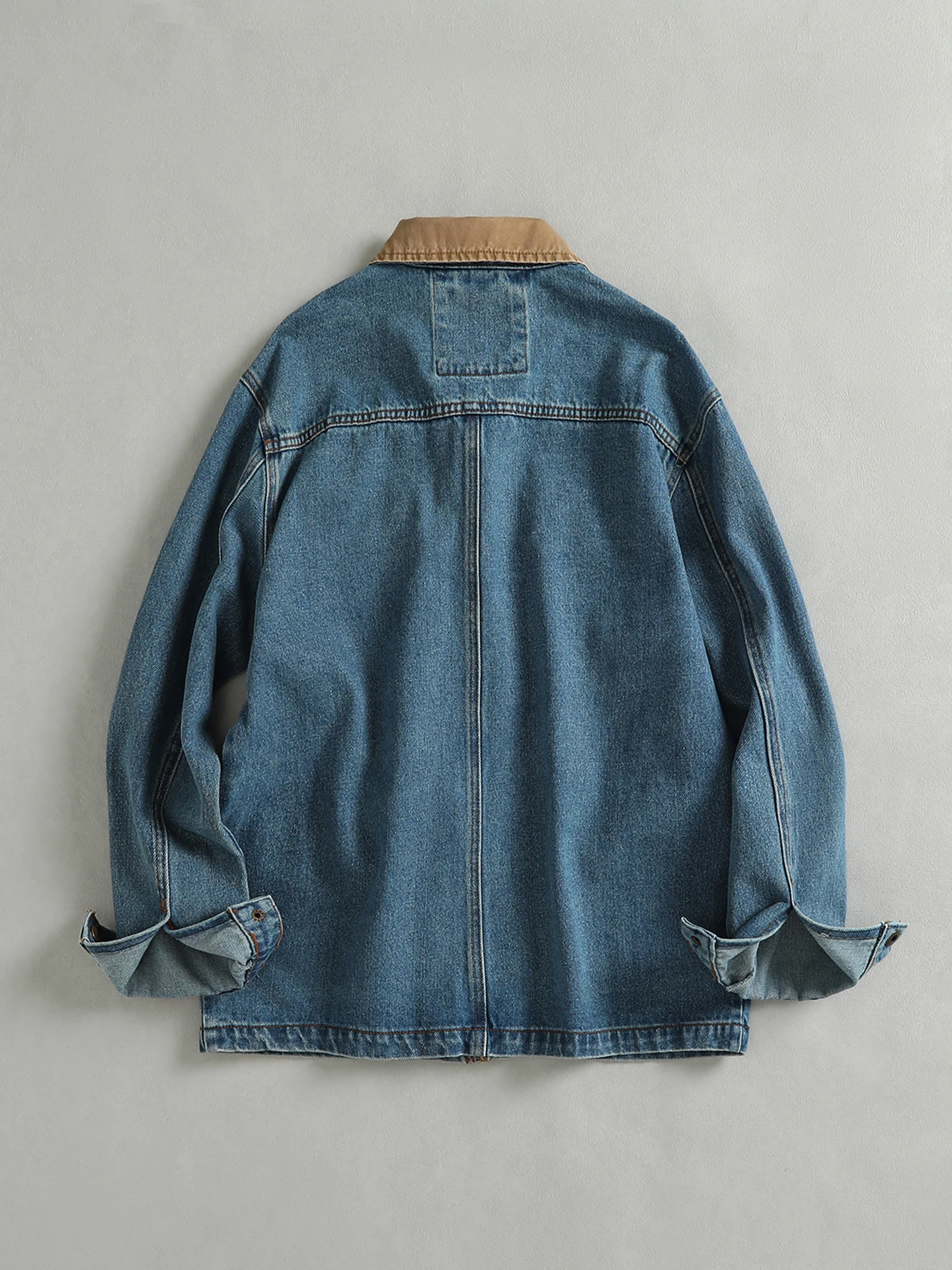 Washed Vintage American Style Men's Denim Jacket Patchwork Collar Multi-Pocket Fashion Outerwear Cotton Long Sleeve Zipper