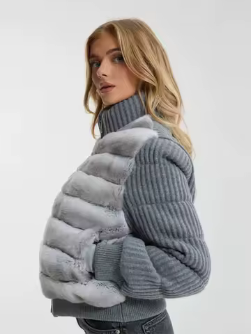 Unique Fur Patchwork Jacket Woman Stand Collar Long Sleeve Gradient Color Zipper Coats Versatile Women's Autumn Winter Jackets