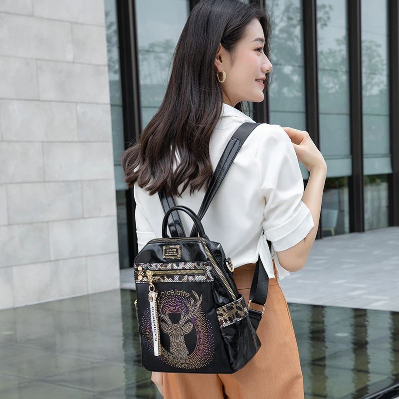 Rhinestone Glitter Large Capacity Backpack - Leopard Print Crossbody Bag,Anti-Theft Travel Bag For Women, Stylish Schoolbag