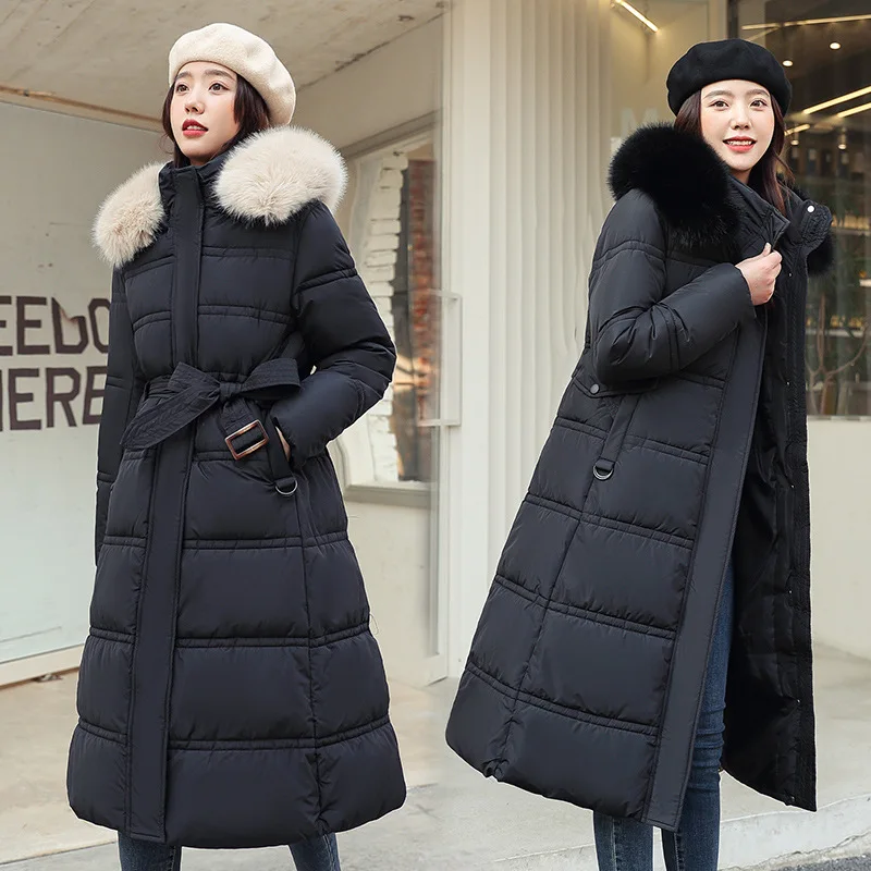 Women's Hooded Large Faux Fur Collar Long Cotton Coat Belted Waist Zip Up Warm Windproof Elegant Casual Daily Wear Padded Jacket